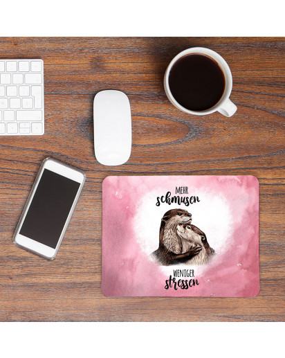 Mousepad mouse pad Mauspad mit Otter Pärchen rosa Spruch Mehr schmusen weniger stressen Mausunterlage bedruckt mouse pads Tier mp78