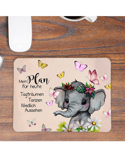 Mousepad mouse pad Mauspad Elefant mit Schmetterlinge Spruch Mein Plan für heute Mausunterlage bedruckt mouse pads mp90