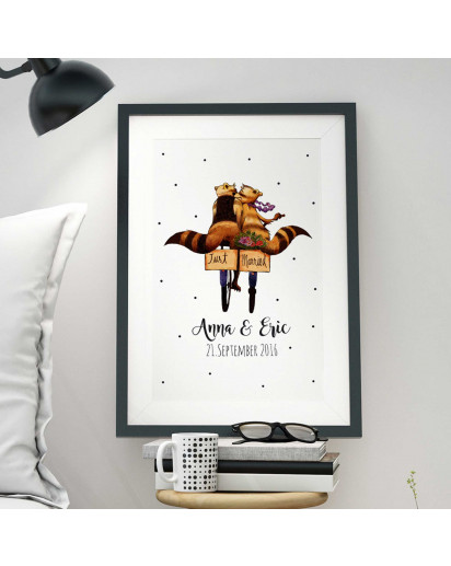 A3 Print Illustration Poster Waschbär Pärchen just married mit Wunschnamen und Hochzeitsdatum A3 Print illustration poster fox with raccoons couple just married with custom names and wedding date p08