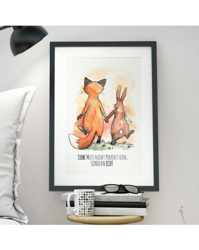 A3 Print Illustration Poster Hase und Fuchs mit Spruch Liebe muss nicht perfekt sein… sondern echt A3 Print illustration poster rabbit and fox with qoute love don't have to be perfect... but real p10