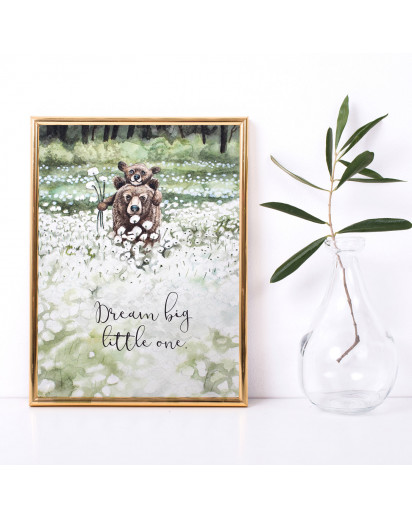 A4 Print Bär Bärenpapa mit Jungtier Pusteblumen Spruch Zitat Poster Plakat Druck Motto "Dream big little one." p144