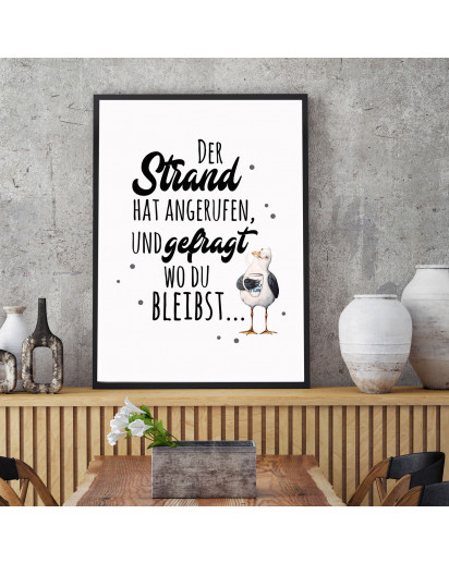 Print Poster in A3 oder A4 Möwe & Spruch Motto Strand hat angerufen Plakat Druck Motiv p220