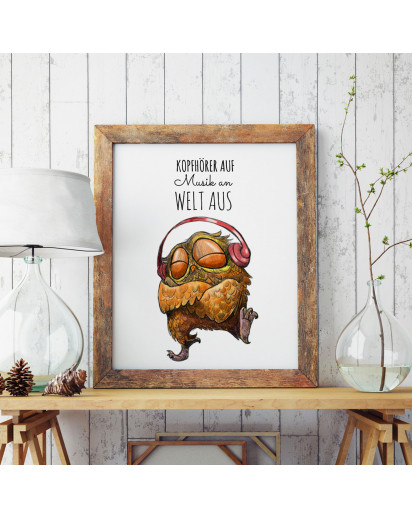 A3 Print Illustration Poster Plakat Eulchen Eule mit Spruch Kopfhörer auf Musik an Welt aus A3 print illustration poster placard owl with quote saying headphones on music on world off p45