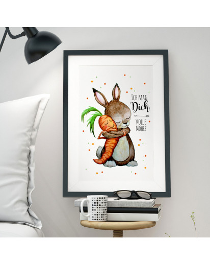 A3 Print Illustration Poster Plakat Hase Kaninchen und Möhre Karotte mit Spruch Zitat Ich mag dich volle Möhre A3 Print illustration poster placard rabbit bunny and carrot with quote saying i like you full carrot p56