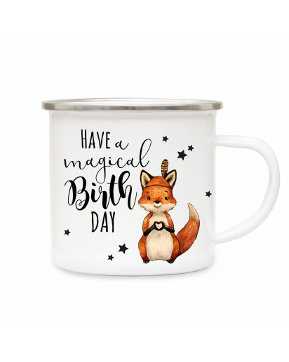 Emaille Becher Geburtstag Camping Tasse Fuchs Füchschen Boho mit Spruch magical birthday Kaffeetasse Geschenk eb175