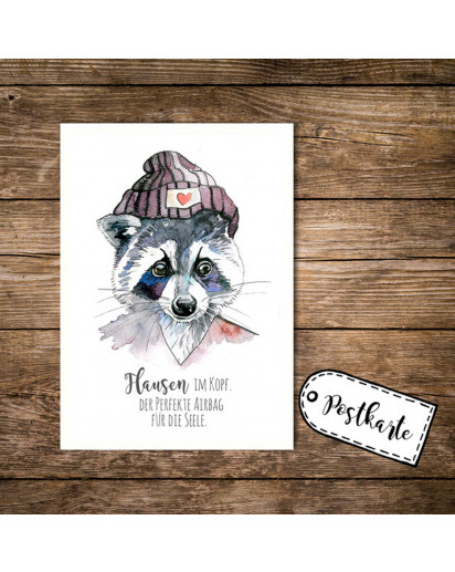 A6 Postkarte Karte Print Illustration Flyer Waschbär mit Spruch Sprichwort Motto Slogan Zitat Flausen im Kopf A6 postcard card print illustration racoon with quote saying sentence motto slogan nonsense in the head pk04