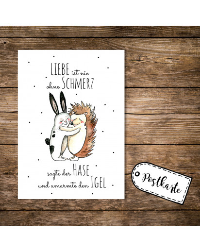 A6 Postkarte Karte Print Hase und Igel mit Spruch Liebe ist nie ohne Schmerzen sagte der Hase und umarmte den Igel A6 postcard card print rabbit hare and hedgehog with quote saying love is never without pain said the hare and embraced the hedgehog pk07