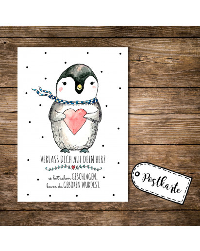 A6 Postkarte Karte Pinguin mit Herz und Spruch verlass dich auf dein Herz es hat schon geschlagen bevor du geboren wurdest A6 Postcard card print penguin with heart and quote saying rely on your heart it has already been beaten before you were born pk09