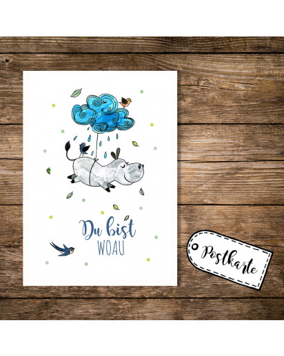 A6 Postkarte Karte Print Nilpferd mit Wolke Vögel und Spruch Du bist woau A6 postcard card print hippo with cloud birds and quote saying you are woau pk15