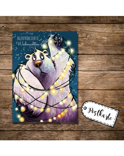 A6 Postkarte Weihnachtskarte Karte Print Eisbär mit Lichterkette Schnee und Spruch Allerfröhlichste Weihnachten A6 postcard christmas card print icebear with quote saying most cheerful christmas pk16