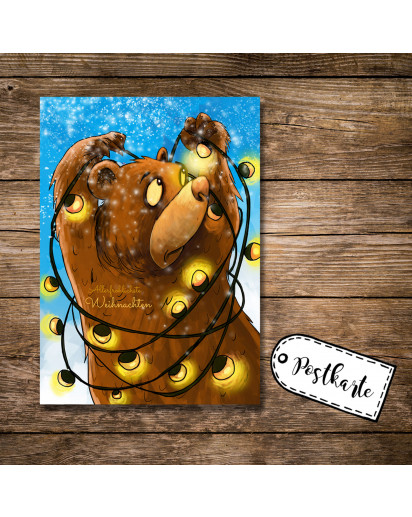 A6 Weihnachtskarte Postkarte Karte Print Braunbär mit Lichterkette Schnee und Spruch Allerfröhlichste Weihnachten A6 christmas card postcard print brown bear with holiday light snow and quote saying most cheerful christmas pk17