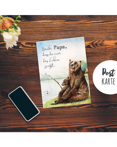 A6 Vatertagskarte Postkarte Print Bären Papa & Kind Angeln mit Spruch Danke... pk180