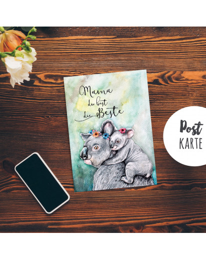 A6 Muttertagskarte Postkarte Print Koala Mama & Kind mit Spruch ...du bist die Beste pk183