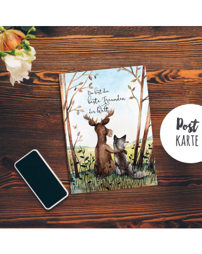 A6 Postkarte Print Tiere Hirsch & Wolf Freundschaftskarte Spruch beste Freundin der Welt pk186