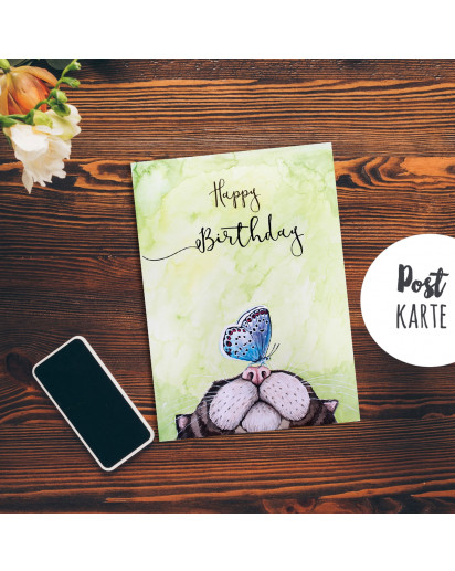 A6 Geburtstagskarte Postkarte Print Katze & Schmetterling mit Spruch Happy Birthday pk189