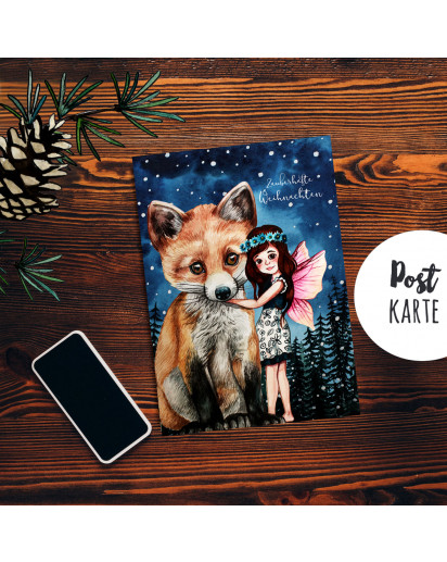 A6 Weihnachtskarte Postkarte Print Elfe Fee mit Fuchs im Winterwald Grußkarte Karte pk205