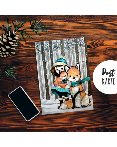 A6 Weihnachtskarte Postkarte Print Mädchen mit Fuchs im Winterwald Grußkarte Karte pk206