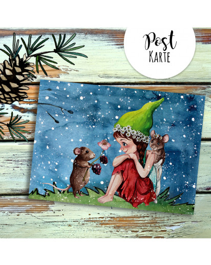 A6 Weihnachtskarte Postkarte Print Elfe Fee mit Maus Mäuschen im Winterabend Grußkarte Karte pk208
