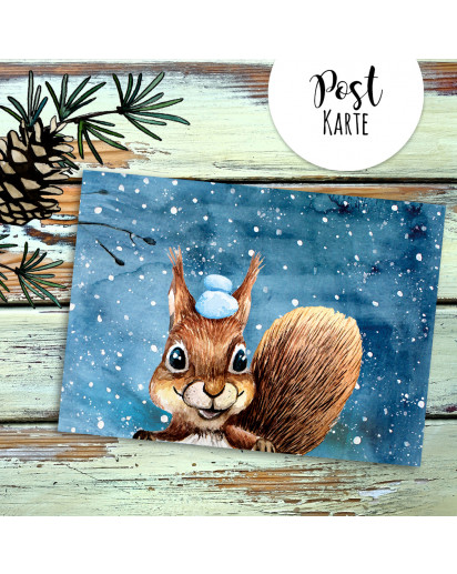 A6 Weihnachtskarte Postkarte Print Eichhörnchen mit Schnee im Winterabend Grußkarte Karte pk209