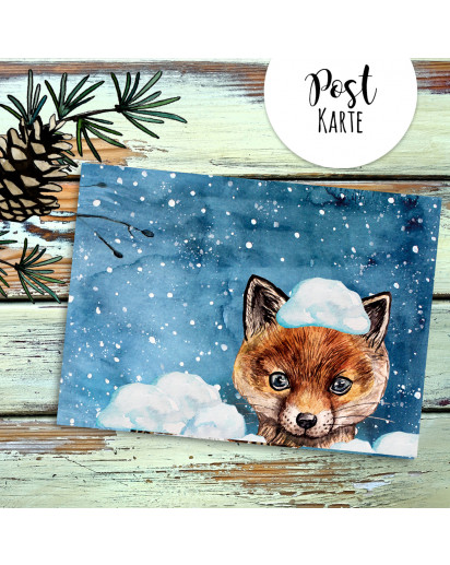 A6 Weihnachtskarte Postkarte Print Fuchs im Schnee Winterabend Grußkarte Karte pk210