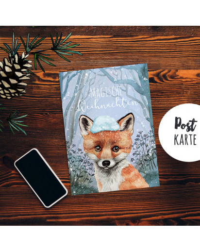 A6 Weihnachtskarte Weihnachtsgrüße Postkarte Print Fuchs im Winterwald Magische Weihnachten Grußkarte pk227