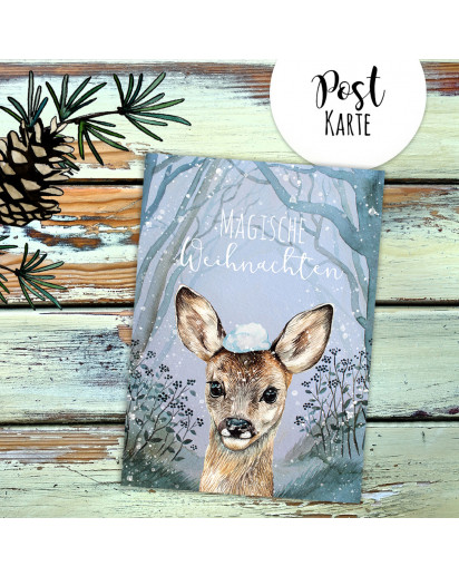 A6 Weihnachtskarte Weihnachtsgrüße Postkarte Print Reh mit Schnee im Winterwald Magische Weihnachten Grußkarte pk228