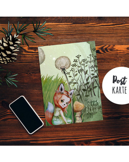 A6 Geburtstagskarte Postkarte Geburtstag Print Fuchsmädchen Pusteblume im Wald mit Spruch Happy Birthday pk231