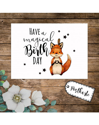 A6 Geburtstagskarte Postkarte Geburtstag Print Fuchs Indianerfuchs mit Spruch Have a magical Birthday Sterne pk234