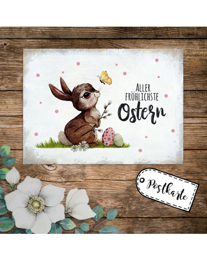 A6 Grußkarte Postkarte Osterkarte Print Hase & Schmetterling mit Spruch Aller fröhlichste Ostern Punkte pk238