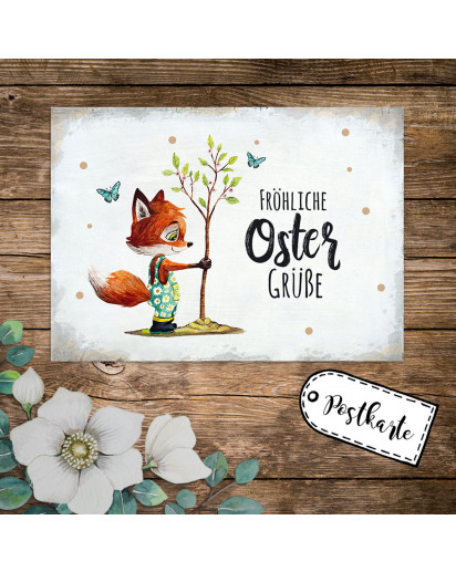 A6 Grußkarte Postkarte Osterkarte Print Fuchs pflantz Bäumchen Schmetterlinge Spruch Fröhliche Ostergrüße Punkte pk241