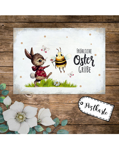 A6 Grußkarte Postkarte Osterkarte Print Hase Biene Bienchen Hummel Schmetterlinge & Spruch Fröhliche Ostergrüße Punkte pk242