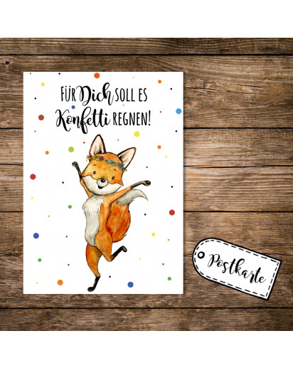 A6 Postkarte Print Fuchs Füchschen Spruch Für Dich soll es Konfetti regnen Karte Grußkarte Punkte pk251