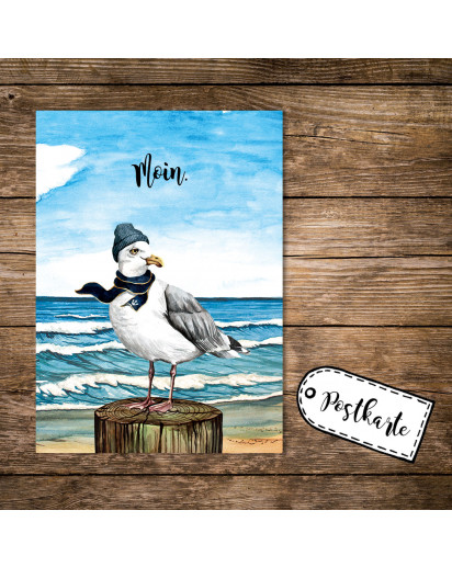 A6 Postkarte Print Vogel Möwe mit Mütze Schal am Meer Spruch Moin Karte Grußkarte pk252