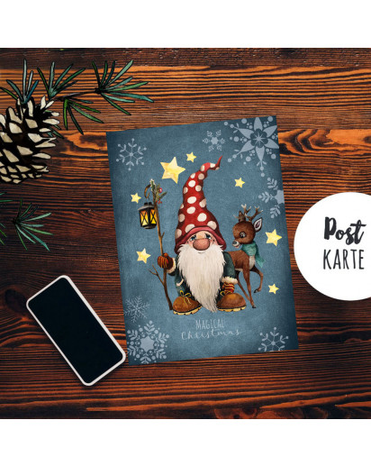 A6 Weihnachtskarte Weihnachtsgrüße Postkarte Print Zwerg Reh Grußkarte magical christimas pk254