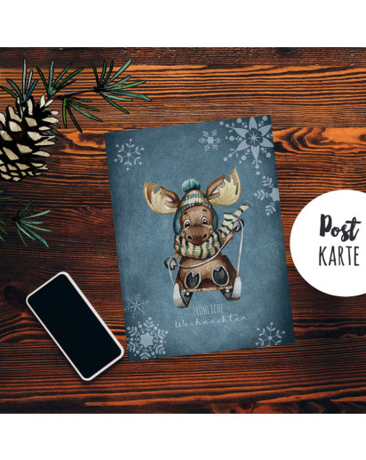 A6 Weihnachtskarte Weihnachtsgrüße Postkarte Print Elch auf Schlitten Schneeflocken Grußkarte Fröhliche Weihnachten pk257