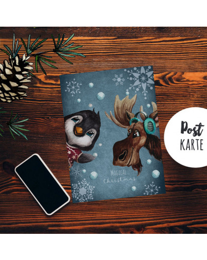 A6 Weihnachtskarte Weihnachtsgrüße Postkarte Print Elch Pinguin Schneeflocken Grußkarte magical christimas pk259