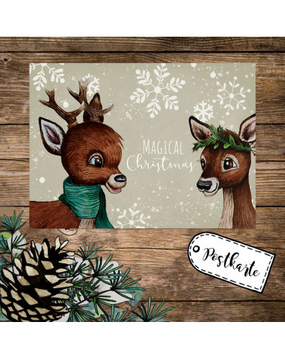 A6 Weihnachtskarte Weihnachtsgrüße Postkarte Print 2 Rehe Schneeflocken Grußkarte Magical Christmas Weihnachten Geschenk pk265