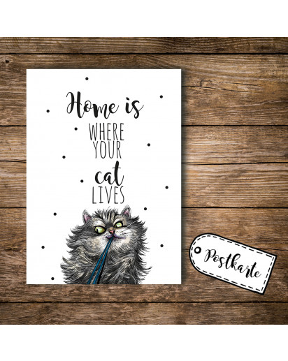 A6 Postkarte Ansichtskarte Flyer Katze mit Spruch Home is where your cat lives A6 postcard print cat with quote saying Home is where your cat lives pk092