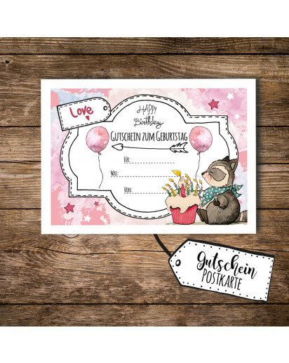 A6 Geschenkkarte Postkarte Gutschein zum Geburtstag mit Waschbär Kuchen und Luftballons A6 voucher postcard for birthday with raccoon cake and balloons pink pk095.jpg