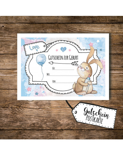 A6 Geschenkkarte Postkarte Gutschein zur Geburt mit Hase Häschen für Jungs A6 voucher postcard for birth with bunny rabbit for boys pk096.jpg