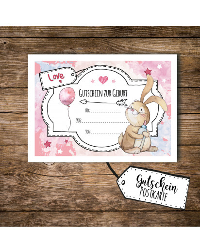 A6 Geschenkkarte Postkarte Gutschein zur Geburt mit Hase Häschen für Mädchen A6 voucher postcard for birth with bunny rabbit for girls pk097.jpg