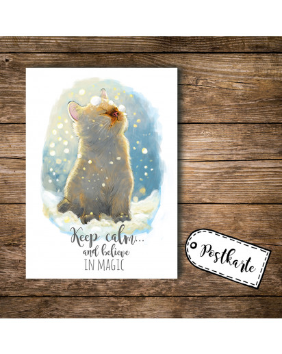 A6 Postkarte Ansichtskarte Flyer Katze im Schnee mit Spruch keep calm and believe in magic A6 postcard print cat with quote saying keep calm and believe in magic pk098.jpg