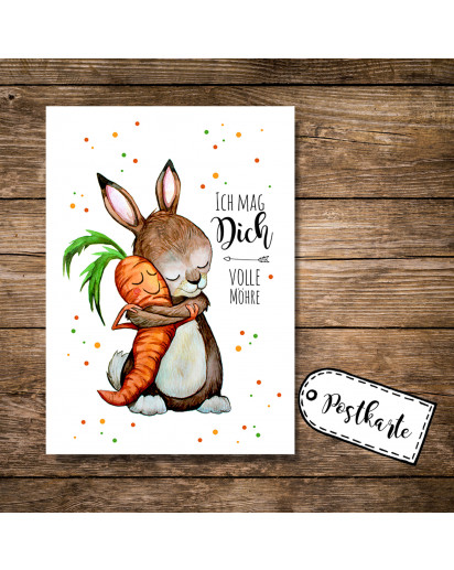 Postkarte Grußkarte Karte Print Illustration Hase und Möhre mit Spruch Ich mag dich volle Möhre postcard greeting card print illustration rabbit and carrot with quote saying i like you full carrot pk81