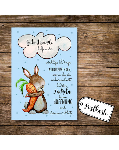 Postkarte Grußkarte Karte Print Illustration Hase und Möhre mit Spruch Zitat Sprichwort gute Freunde helfen dir postcard greeting card print illustration rabbit and carrot with quote saying good friends will help you pk88