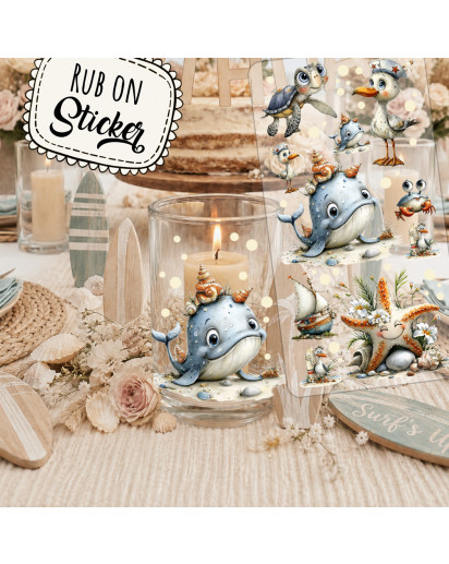 Rub ons RubOn Rubons Sticker Meerestiere Wal Möwe Krabbe Schildröte Seestern Strandbewohner Meeresbewohner süße Tiere Din lang Bogen rb102