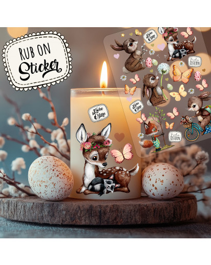 Rub ons RubOn Rubons Sticker Aufkleber DIY Teelichter selbst gestalten Windlicht Ostern Easter Reh Häschen Waschbär Fuchs Baum rb19