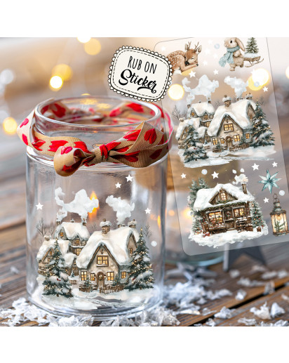 Rub ons RubOn Rubons Sticker Weihnachten Weihnachtssticker Weihnachtsmotive Weihnachtshäuschen Winterwald Elfenhaus Wichtelhaus Häuschen Tiere Wichtel Reh deer Stern Weihnachtswichtel Zwerge DIN lang rb40