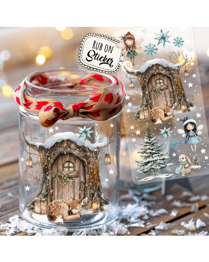 Rub ons RubOn Rubons Sticker Weihnachten Weihnachtssticker Elfentür Wichteltür Winterwald Elfenhaus Wichtelhaus Häuschen Tiere Wichtel Reh deer Stern Weihnachtswichtel Zwerge DIN lang rb41