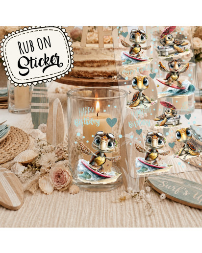 Rub ons RubOn Rubons Sticker Meerestiere Surferschildi Surfer Chillkrötchen Schildkröte Welle Meer Strandbewohner Meeresbewohner süße Tiere Din lang Bogen rb99