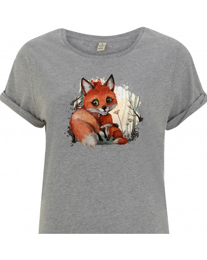 T-Shirt Damen in Grau mit Fuchs Mama & Jungtier Motiv shirt mit Aufdruck s09